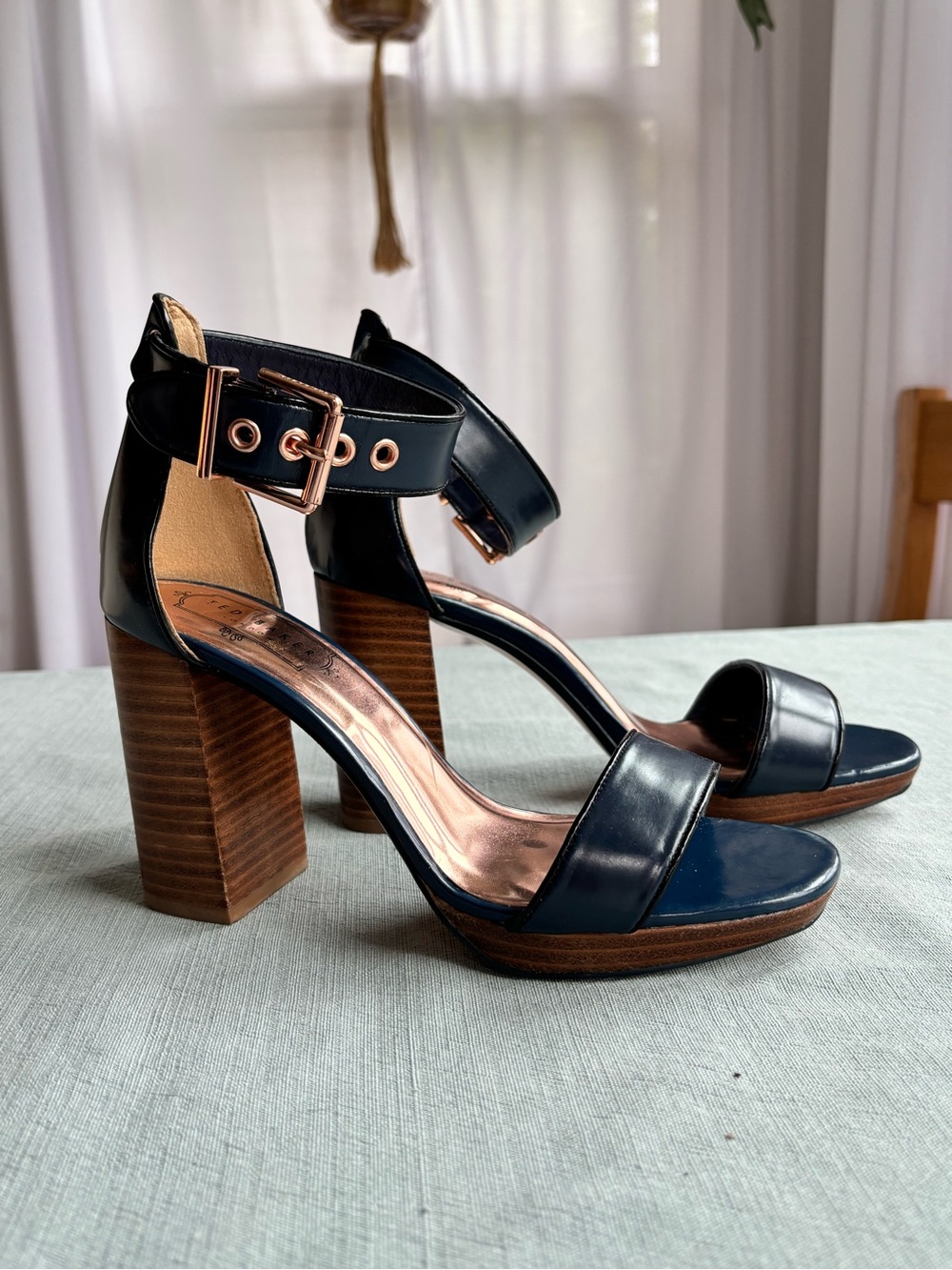 Ted Baker London Navy Rose Gold Block-Heel Ankle-Strap Sandals Platform 37.5